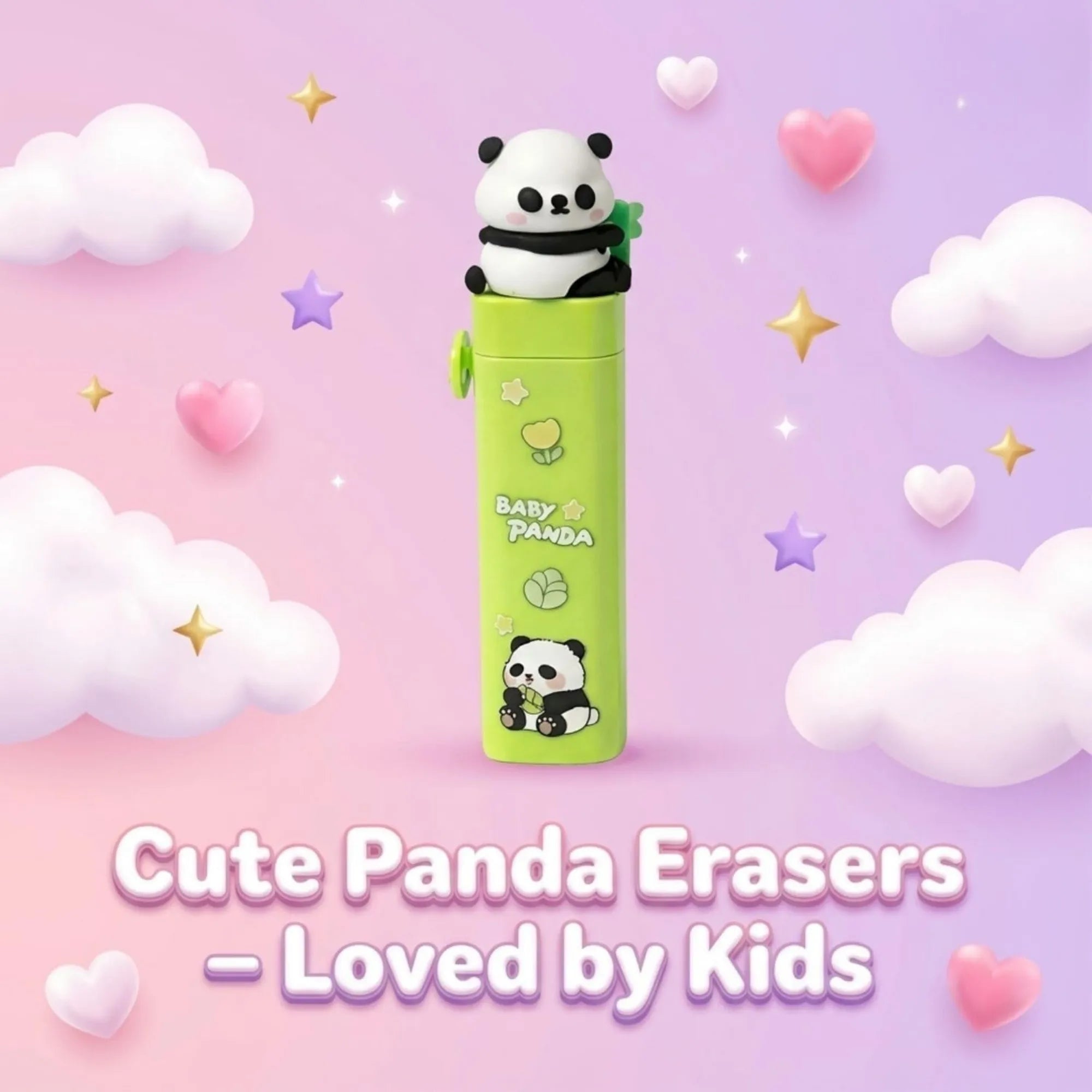 3 Pcs Baby Panda Push and Pull Rubber | Cute Electric Eraser for Kids | Stationery Set