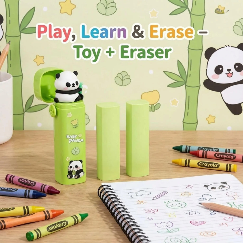 3 Pcs Baby Panda Push and Pull Rubber | Cute Electric Eraser for Kids | Stationery Set