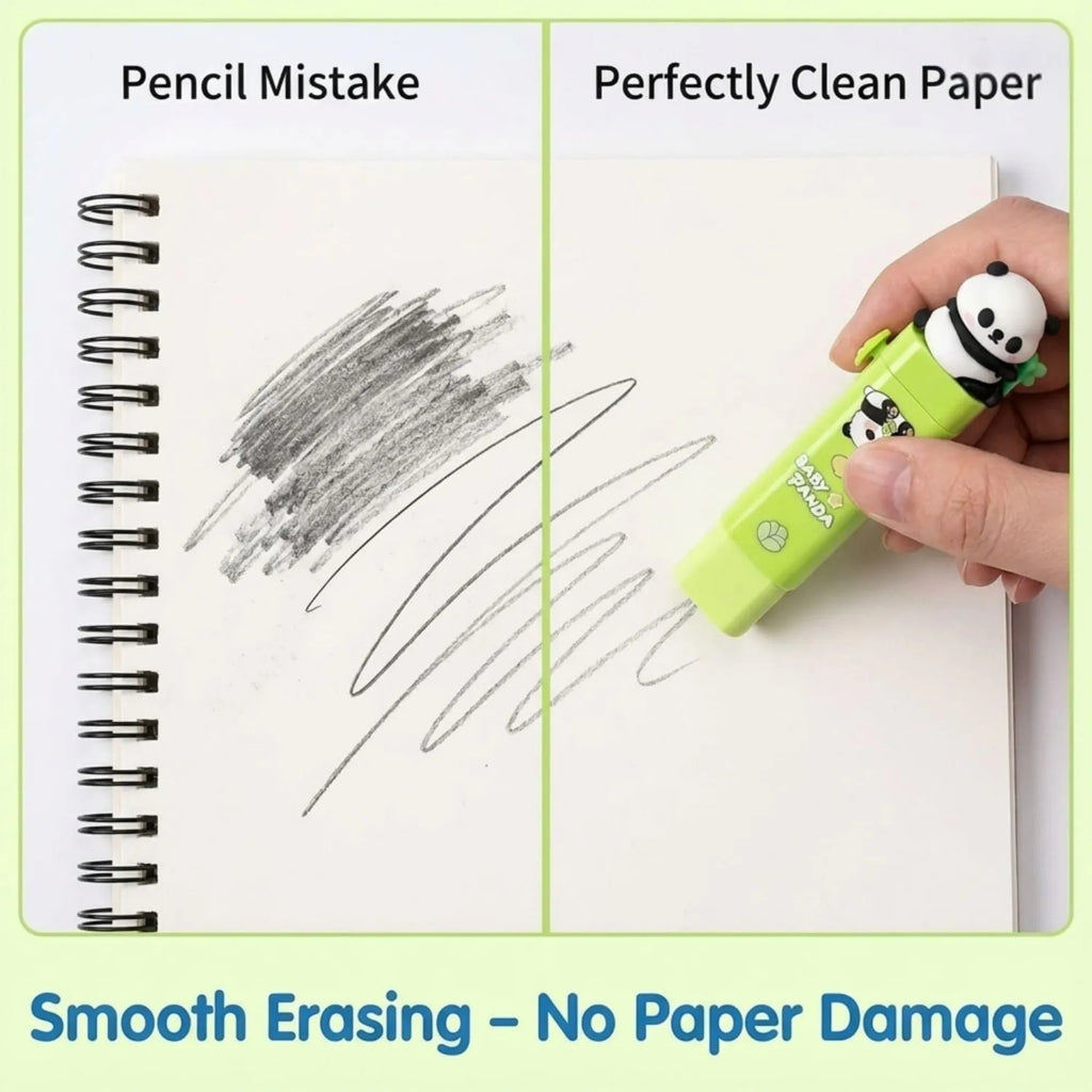 3 Pcs Baby Panda Push and Pull Rubber | Cute Electric Eraser for Kids | Stationery Set