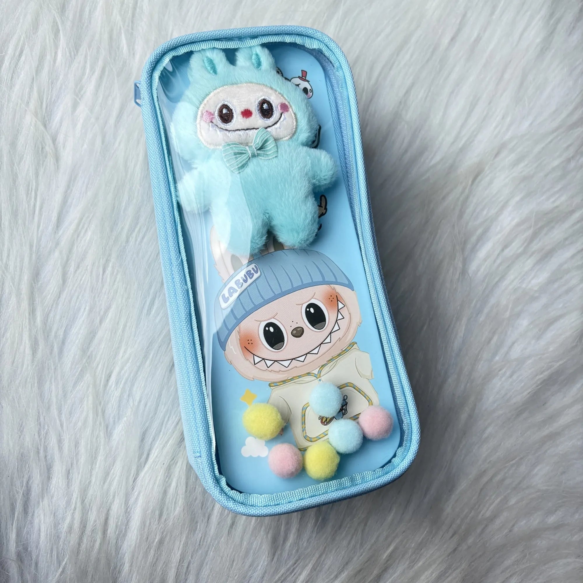 Labubu Sky Blue Pouch - Cute Aesthetic Stationery Organizer for School Girls & Students