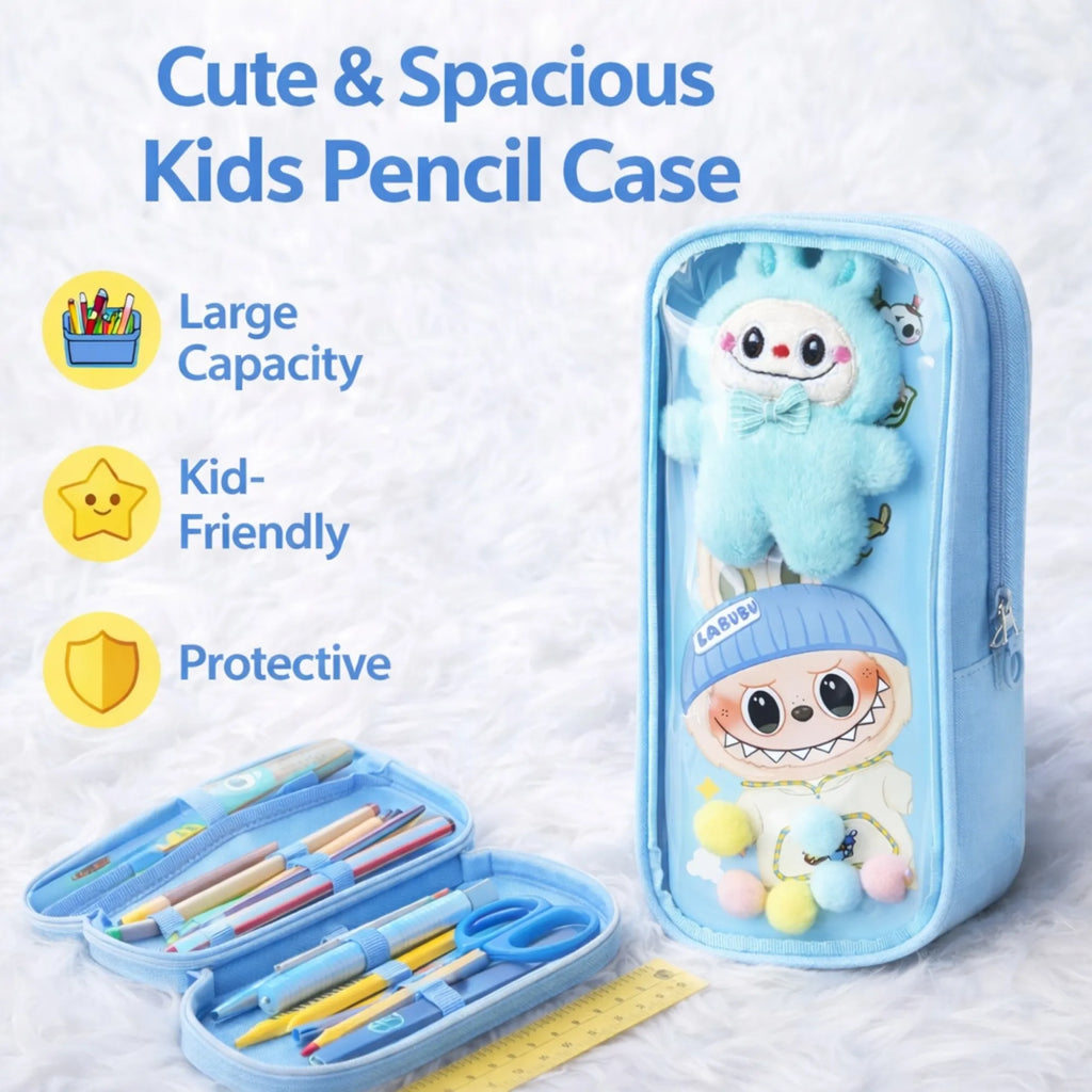 Labubu Sky Blue Pouch - Cute Aesthetic Stationery Organizer for School Girls & Students