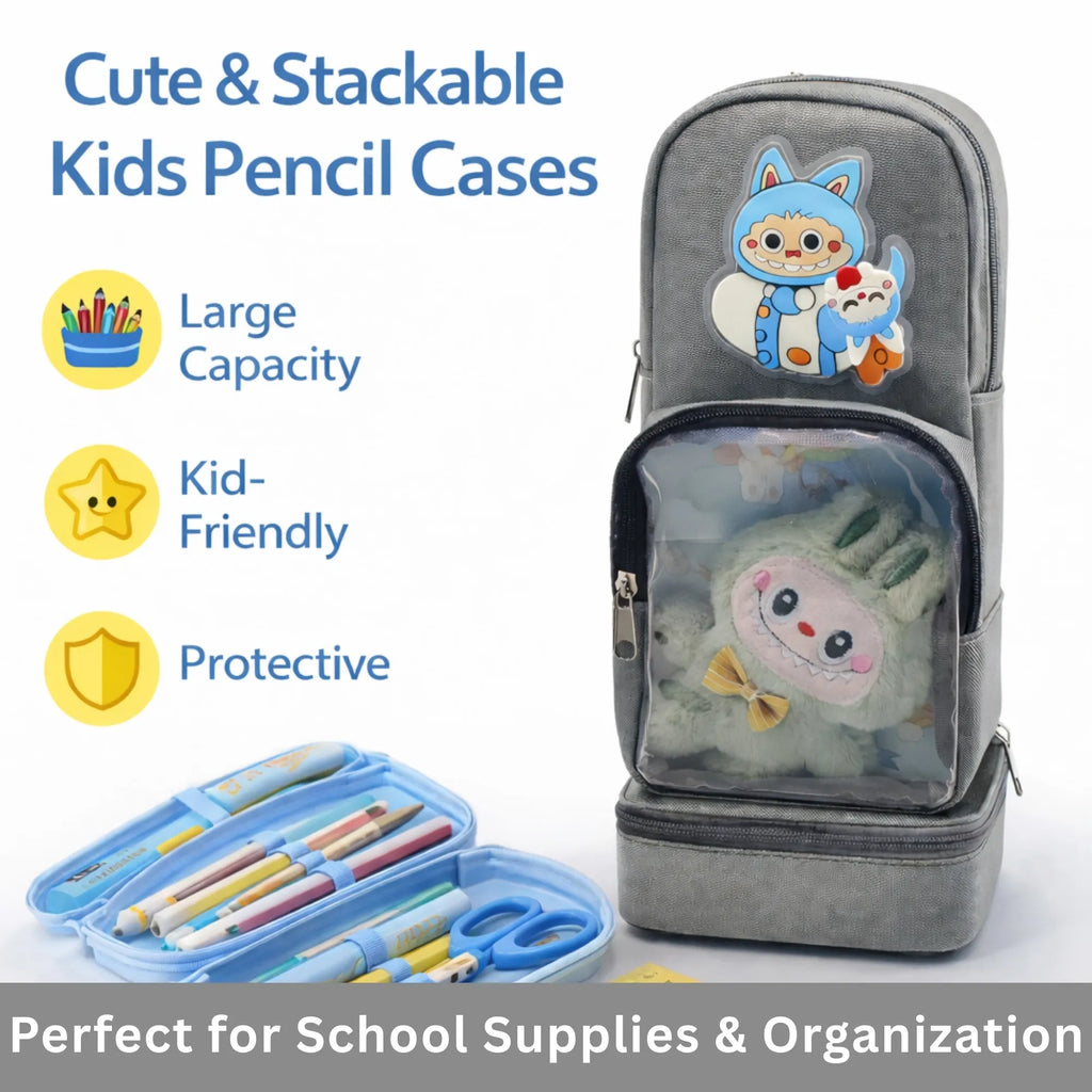 Labubu Grey Pouch - Cute Stationery Items & Aesthetic Pencil Pouch with Double Zipper