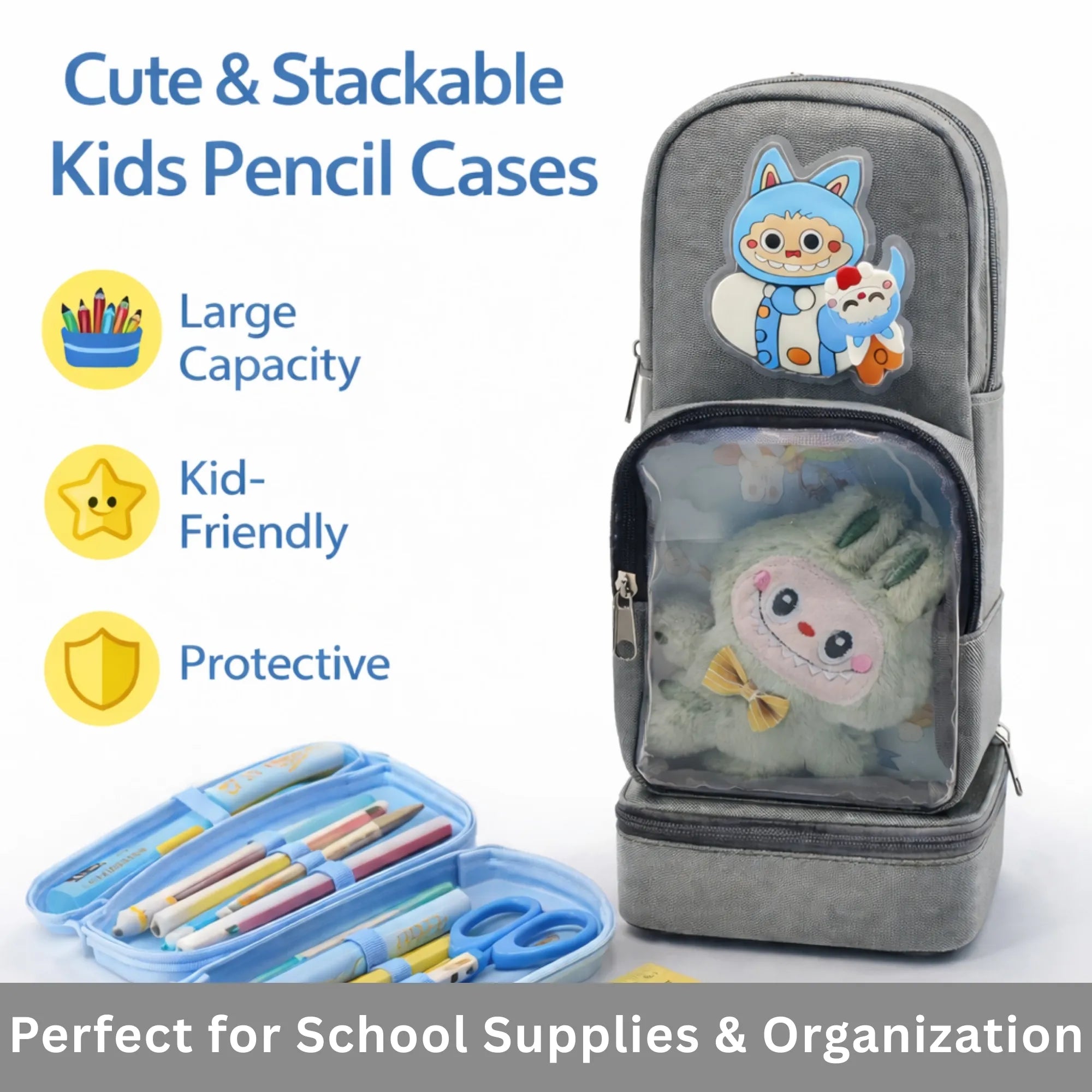 Labubu Grey Pouch - Cute Stationery Items & Aesthetic Pencil Pouch with Double Zipper