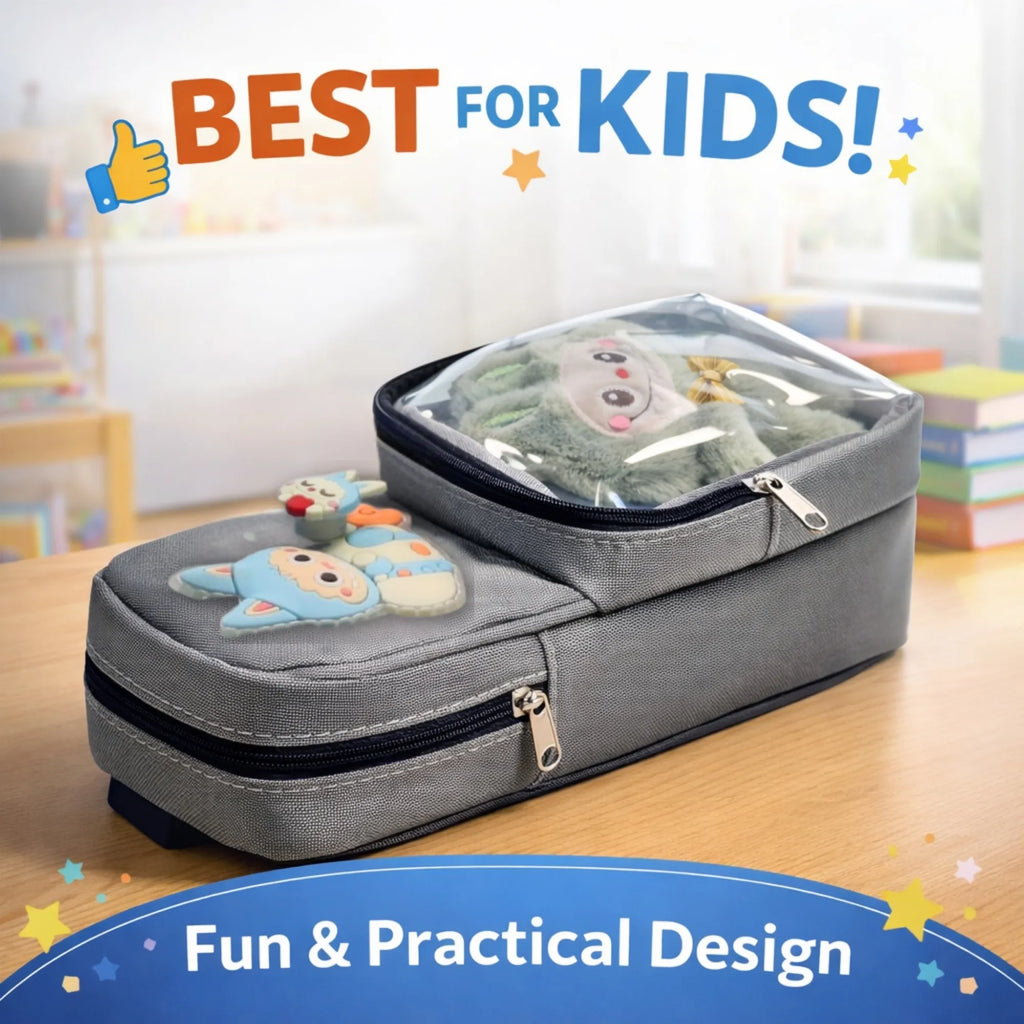 Labubu Grey Pouch - Cute Stationery Items & Aesthetic Pencil Pouch with Double Zipper