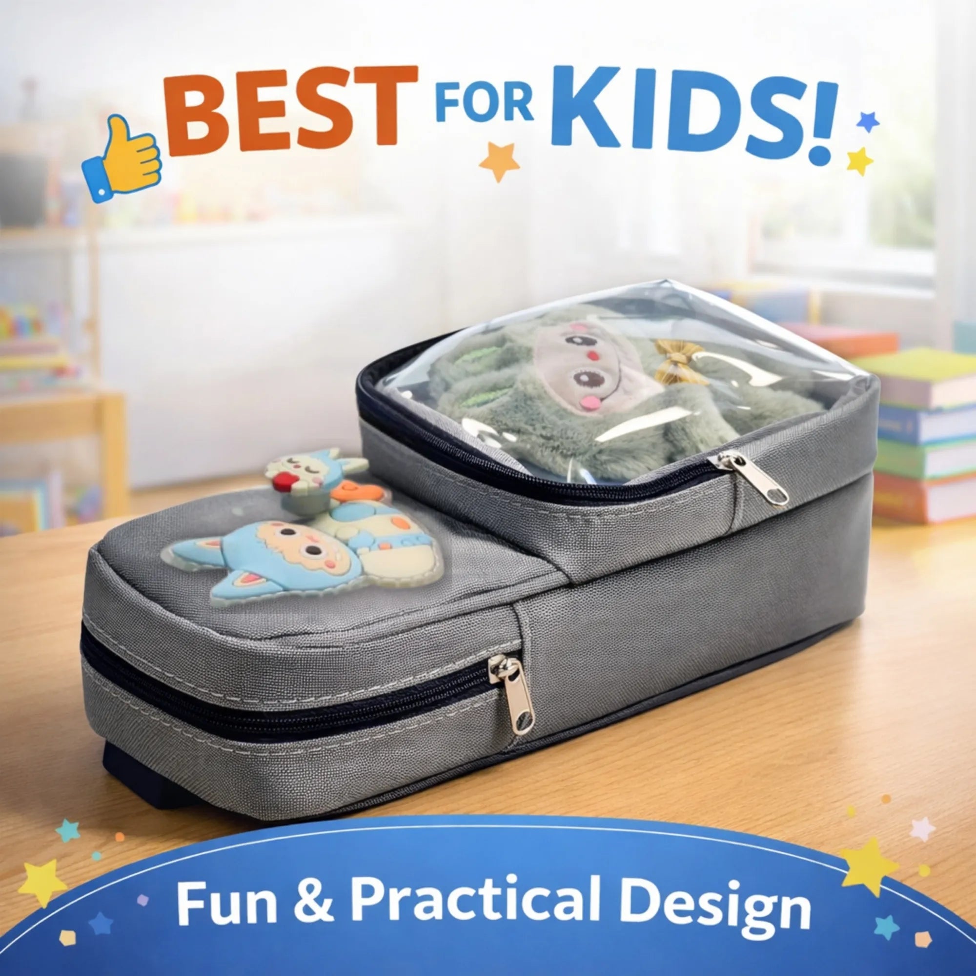 Labubu Grey Pouch - Cute Stationery Items & Aesthetic Pencil Pouch with Double Zipper