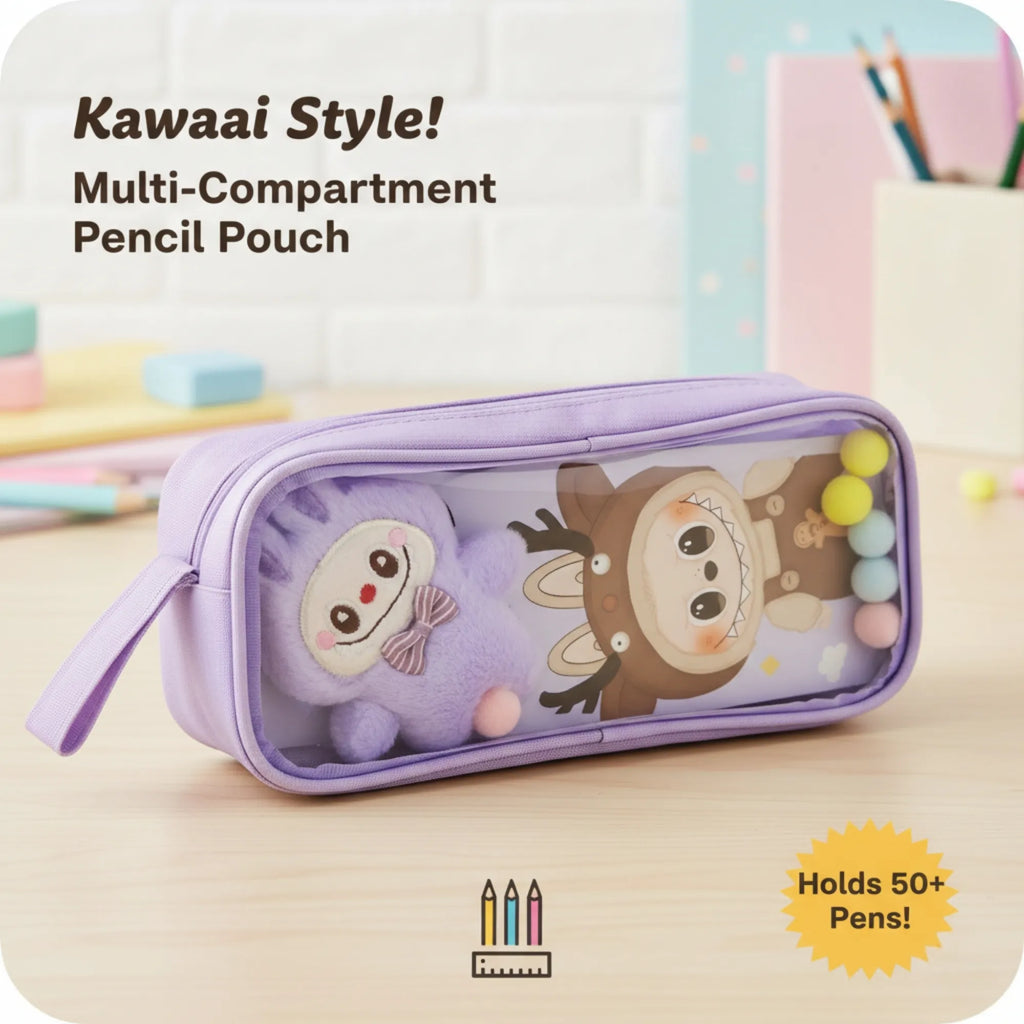 Labubu Purple Pouch - Cute Aesthetic Stationery Organizer for School Girls