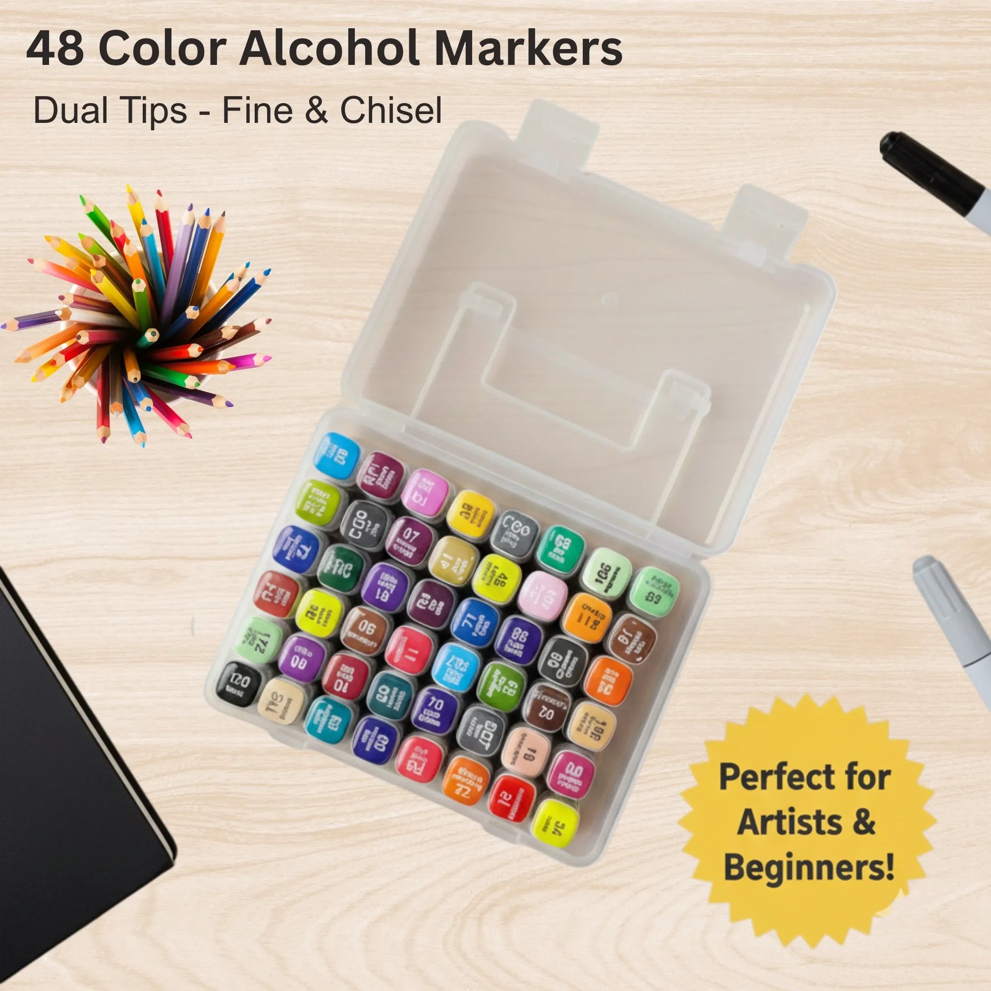 Twin Tip Markers- 48 Colors - Alcohol & Acrylic Paint Markers Set for Art, Calligraphy & Sketching Main image