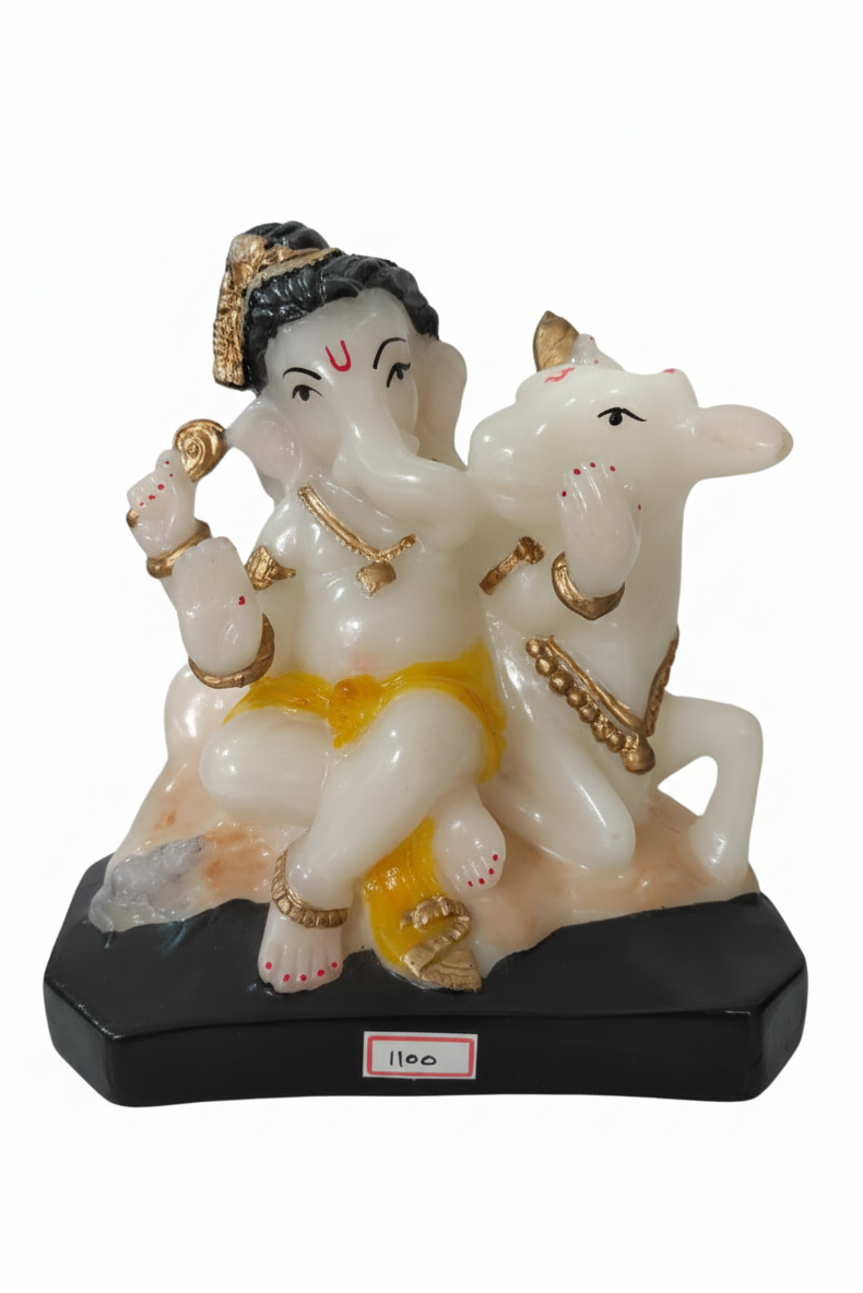 Lord Ganesha with Cow Decorative Idol Marble Finish