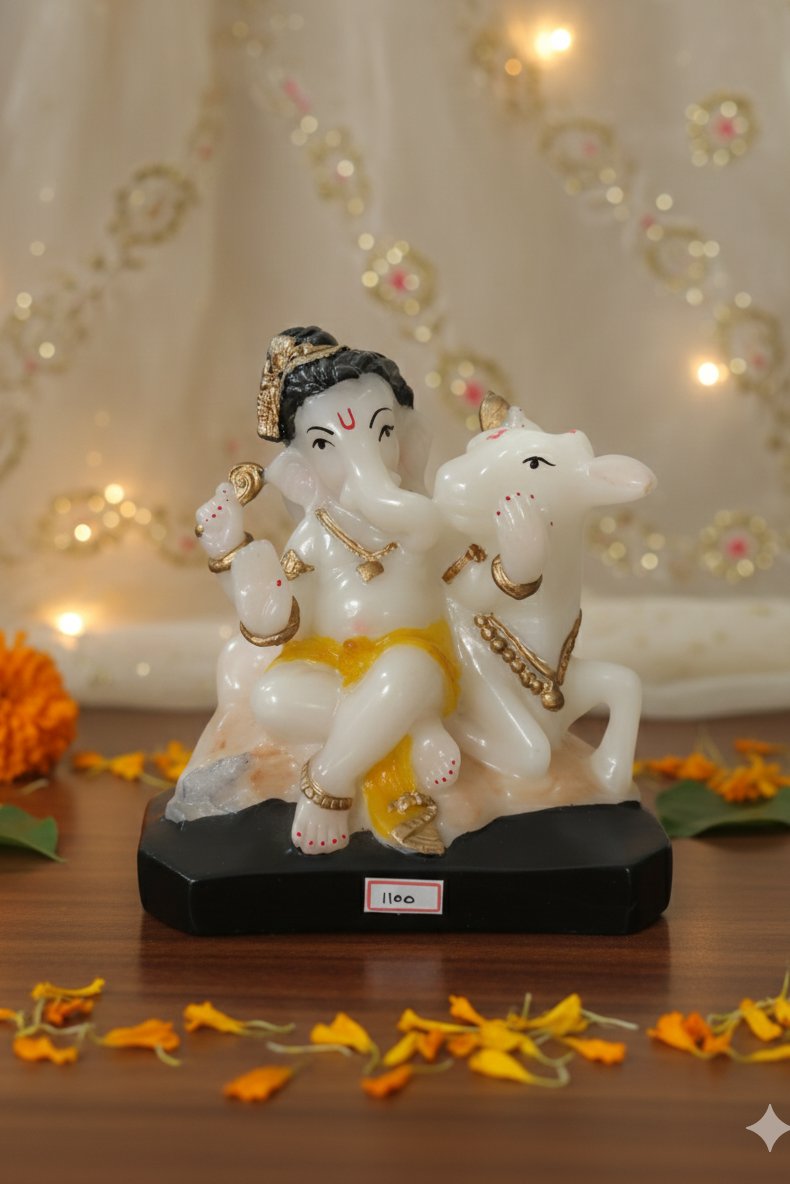 Lord Ganesha with Cow Decorative Idol Marble Finish Main image